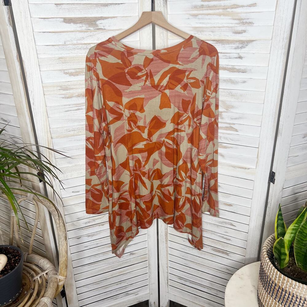 LOGO LORI GOLDSTEIN Women's Plus 1X Printed Floral Jersey Seamed Top Orange Clay - Picture 2 of 9